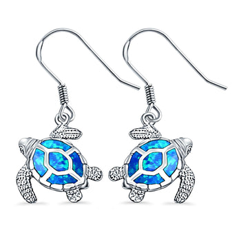 Drop Dangle Turtle Earrings Lab Created Blue Opal 925 Sterling Silver (17mm)